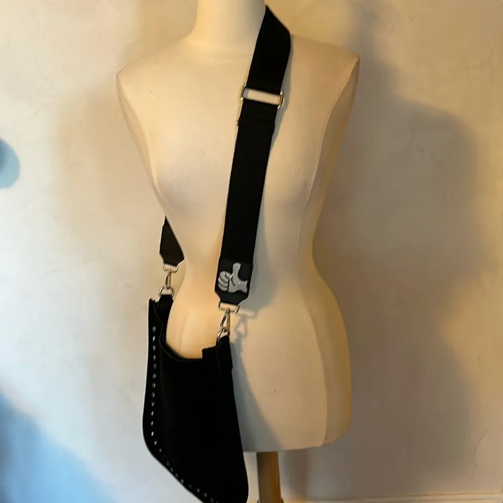 Ah-dorned Black Faux Suede cross body Bag w/silver studs & strap 11”x12”x3”